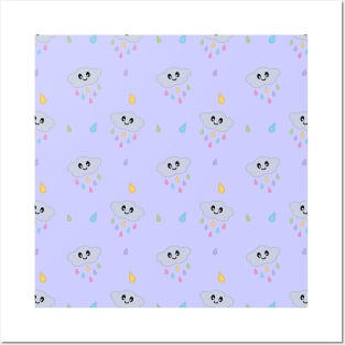 Kawaii Cute Raining Rainbow Clouds Pattern in Purple Posters and Art